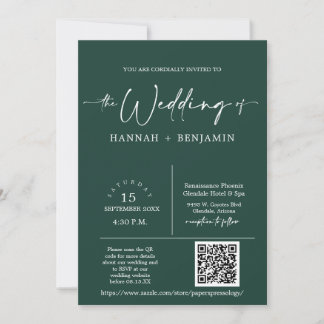 Emerald Green Minimal Wedding Arch QR Code Foto Einladung