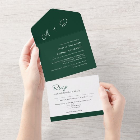 Emerald Green Minimalistic Wedding All In One Einladung (Abreißen)
