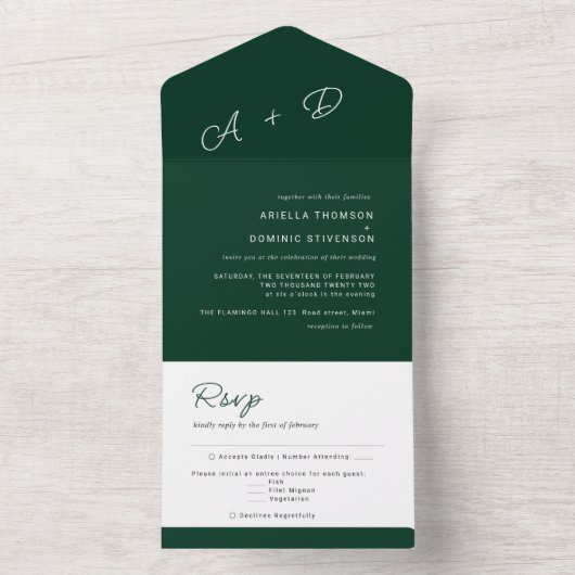 Emerald Green Minimalistic Wedding All In One Einladung (Innen Boden)
