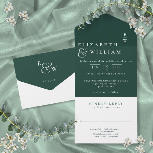 Emerald Green Minimalistisch Elegant Monogram Wedd All In One Einladung