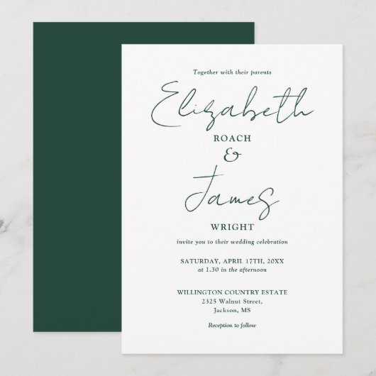 Emerald Green Minimalistisch Elegant Script Weddin Einladung (Vorne/Hinten)