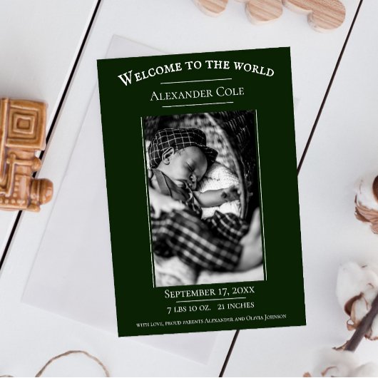 Emerald Green Minimalistisch Foto Geburtserklärung Ankündigung