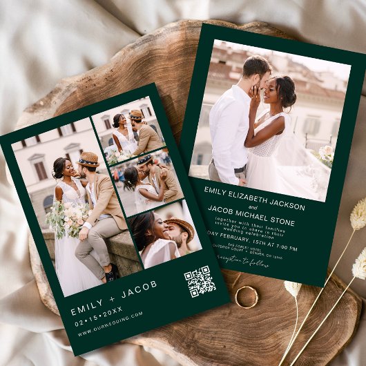 Emerald Green Minimalistisch Foto QR-Code Hochzeit Einladung