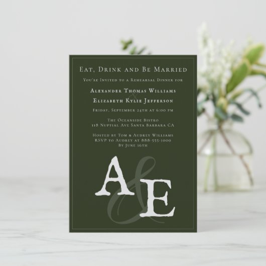 Emerald Green Minimalistisch Monogram Einladung (Stehend Vorderseite)
