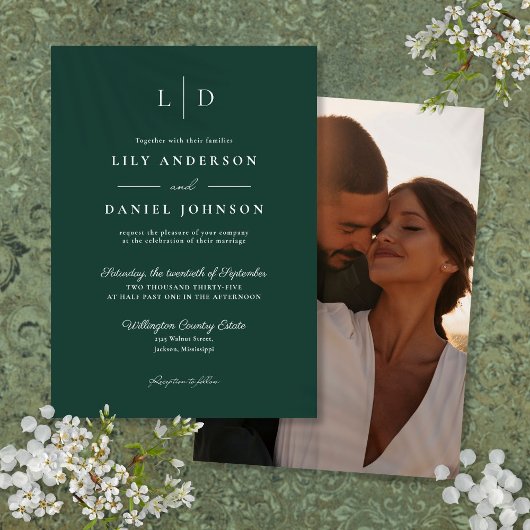 Emerald Green Minimalistisch Monogram Foto Wedding Einladung
