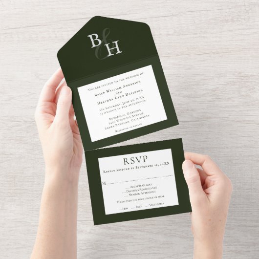 Emerald Green Minimalistisch Monogram Wedding All In One Einladung (Abreißen)