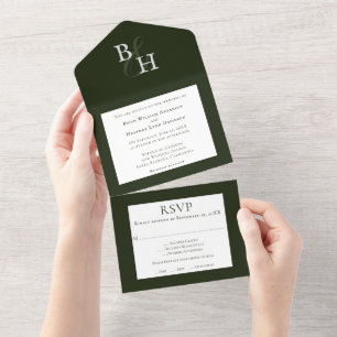Emerald Green Minimalistisch Monogram Wedding All In One Einladung
