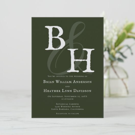Emerald Green Minimalistisch Monogram Wedding Einladung (Stehend Vorderseite)