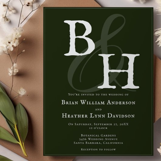 Emerald Green Minimalistisch Monogram Wedding Einladung