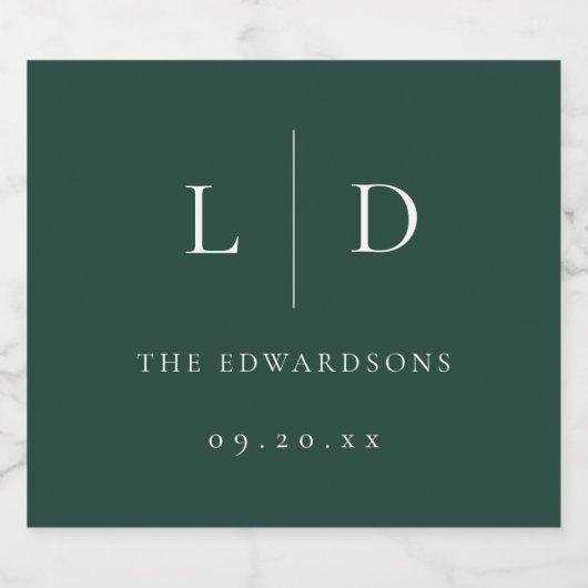 Emerald Green Minimalistisch Monogram Wedding Schaumweinetikett (Einzelnes Label)