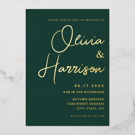 Emerald Green Minimalistisch Script Modern Wedding Folieneinladung (Vorderseite)