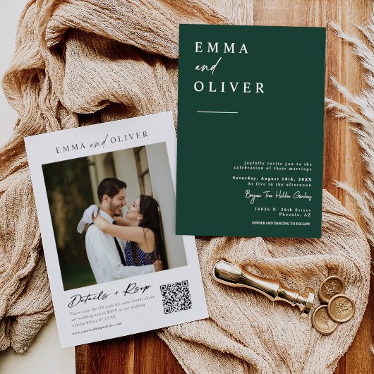 Emerald Green Minimalistisch Wedding Foto QR Code Einladung