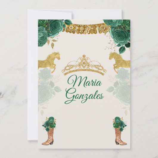 Emerald Green Mis Quince 15 Anos Gold Crown Einladung (Rückseite)