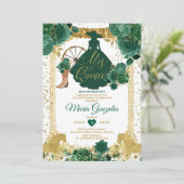 Emerald Green Mis Quince 15 Anos Gold Glitzer Einladung (Stehend Vorderseite)