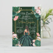 Emerald Green Mis Quince Floral Quinceañera Einladung (Stehend Vorderseite)