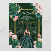 Emerald Green Mis Quince Floral Quinceañera Einladung (Vorne/Hinten)