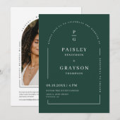 Emerald Green Modern Arch Foto QR Code Monogram Einladung (Vorne/Hinten)