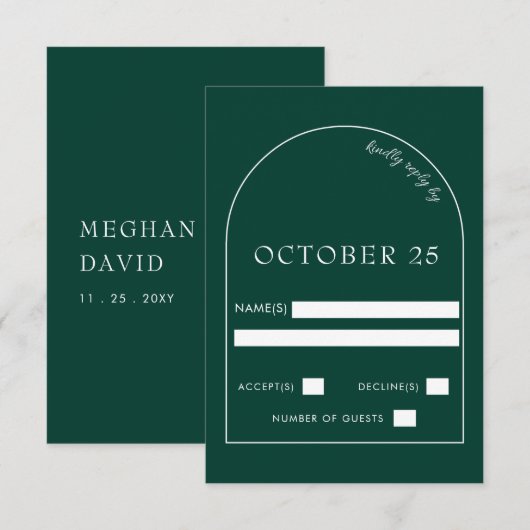 Emerald Green Modern Arch Wedding RSVP Karte (Vorne/Hinten)