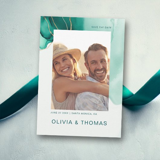 Emerald Green Modern Beach Wedding Foto Rett Date Einladung