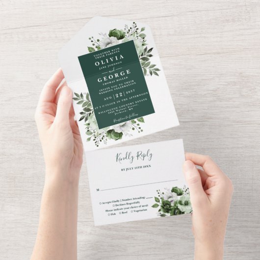 Emerald Green Modern Botanical Floral Wedding All In One Einladung (Abreißen)