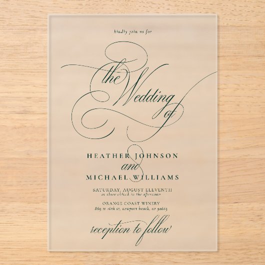 Emerald Green Modern Calligraphy Classic Wedding Acryleinladungen (Vorderseite)