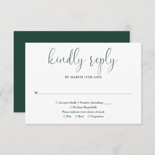 Emerald Green Modern Chic Elegante Script Wedding RSVP Karte (Vorne/Hinten)