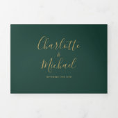 Emerald Green Modern Gold Script Foto Hochzeit Dreifach Gefaltete Einladung (Cover)