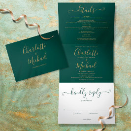 Emerald Green Modern Gold Script Foto Hochzeit Dreifach Gefaltete Einladung