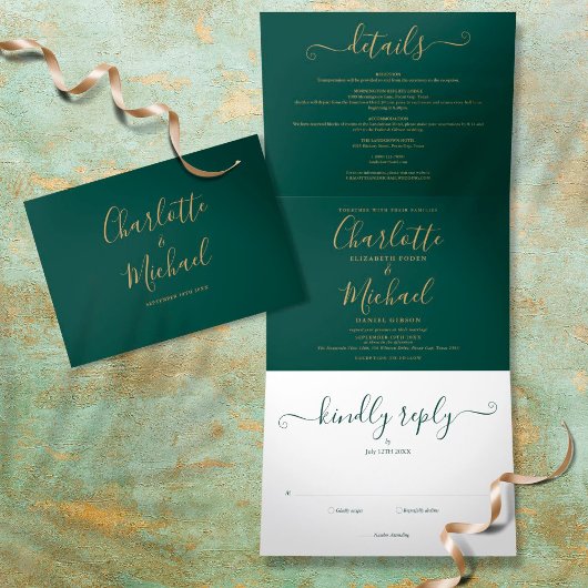 Emerald Green Modern Gold Script Foto Hochzeit Dreifach Gefaltete Einladung