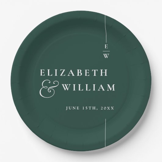 Emerald Green Modern Minimalistisch Monogram Weddi Pappteller (Vorderseite)