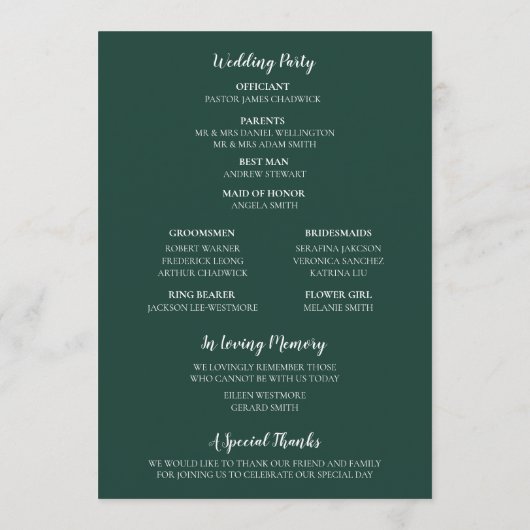 Emerald Green Modern Minimalistische Golfhochzeit Programm (Rückseite)