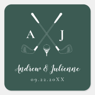 Emerald Green Modern Monogram Golf Wedding Quadratischer Aufkleber