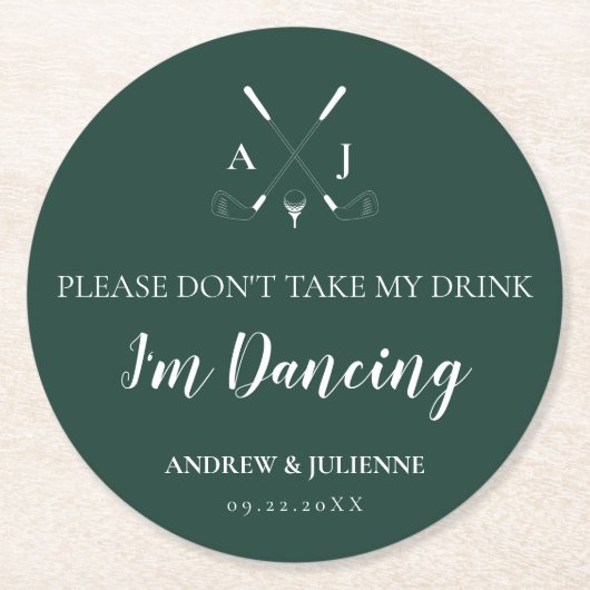 Emerald Green Modern Monogram Golf Wedding Runder Pappuntersetzer (Vorderseite)