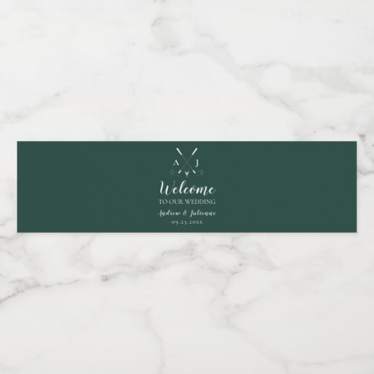 Emerald Green Modern Monogram Golf Wedding Wasserflaschenetikett (Einzelnes Label)