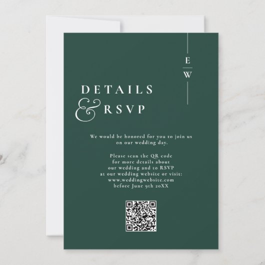 Emerald Green Modern Monogram Wedding QR Code Einladung (Rückseite)
