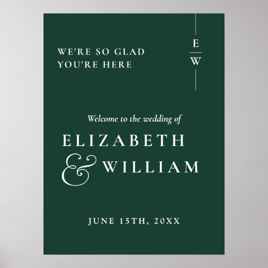 Emerald Green Modern Monogram Wedding Welcome Sign Poster (Vorne)