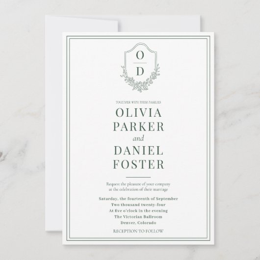 Emerald Green Modern QR Code Wappen Foto Hochzeit Einladung (Vorderseite)