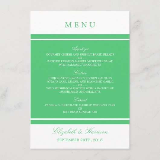 Emerald Green Modern Wedding Menu Menükarte (Vorderseite)