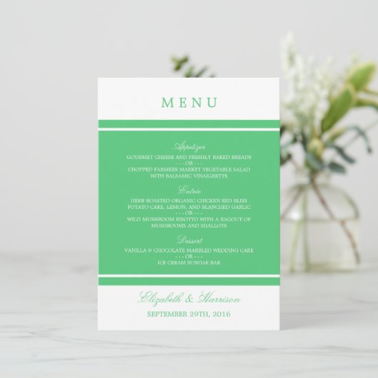 Emerald Green Modern Wedding Menu Menükarte (Stehend Vorderseite)