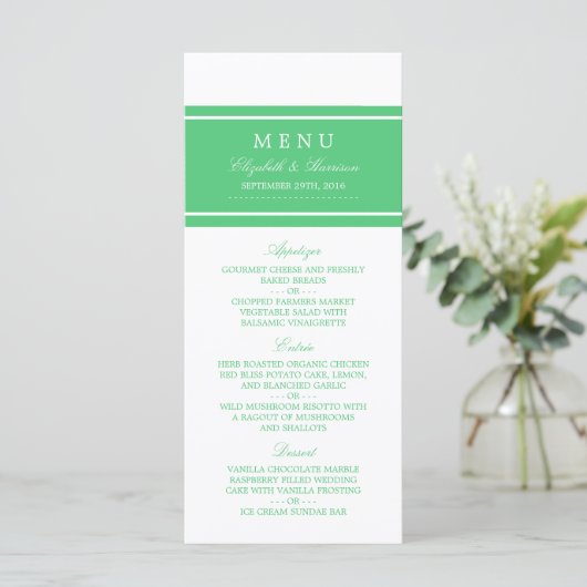 Emerald Green Modern Wedding Menu Menükarte (Stehend Vorderseite)