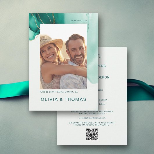 Emerald Green Modern Wedding QR Foto Rett Date Einladung