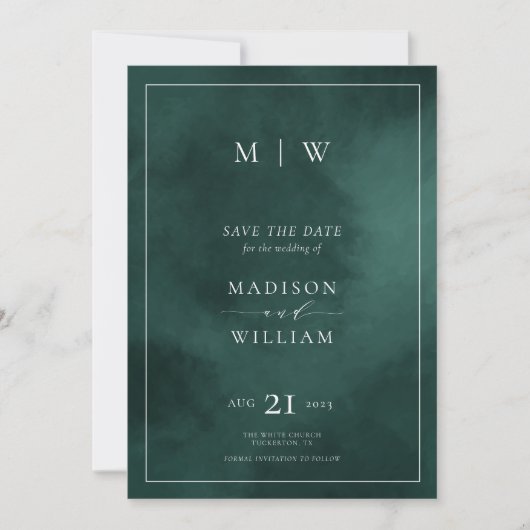 Emerald Green Monogram & Border Elegant Save The Date (Vorderseite)
