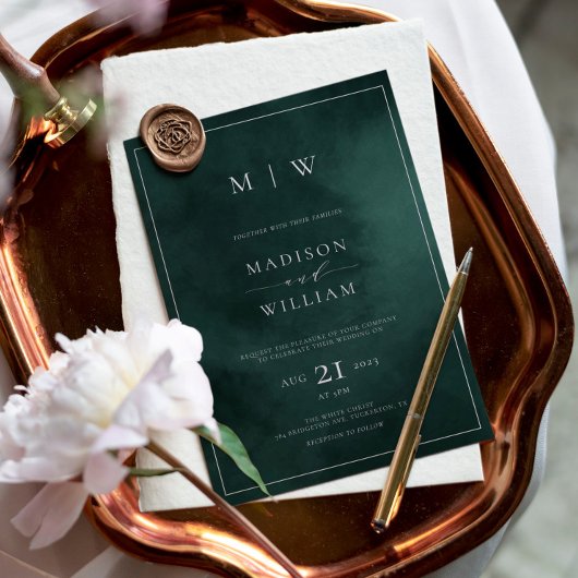 Emerald Green Monogram & Border Elegant Wedding Einladung