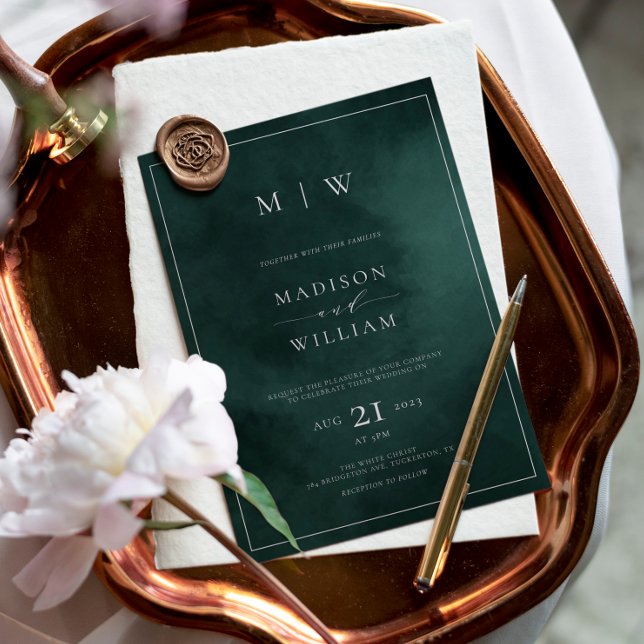 Emerald Green Monogram & Border Elegant Wedding Einladung
