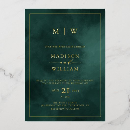 Emerald Green Monogram & Border Elegant Wedding Folieneinladung (Vorderseite)