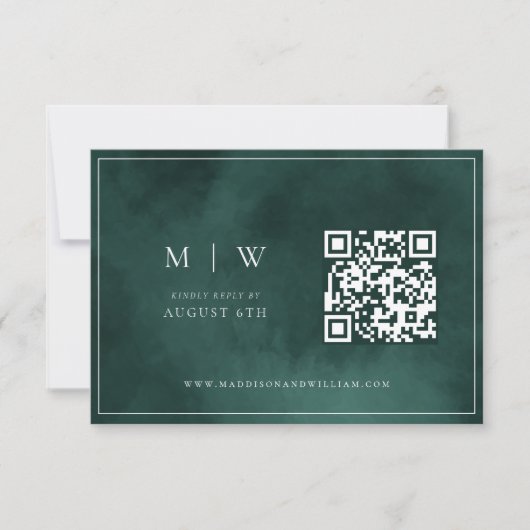Emerald Green Monogram & Border QR Code Hochzeit RSVP Karte (Vorderseite)