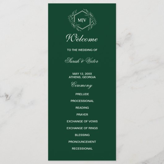 Emerald Green Monogram Doppelsitsenkarte Programm (Vorderseite)