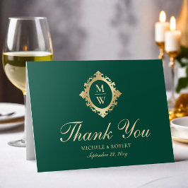 Emerald Green Monogram Gold Dankeschön Card Dankeskarte