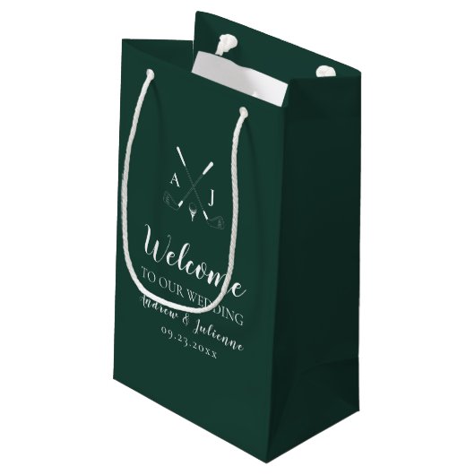 Emerald Green Monogram Golf Wedding Welcome Bag Kleine Geschenktüte (Rückseite Schrägansicht)