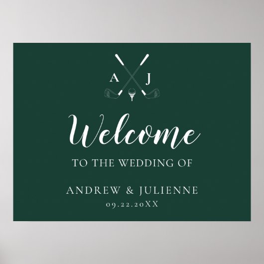 Emerald Green Monogram Golf Wedding Willkommen Poster (Vorne)